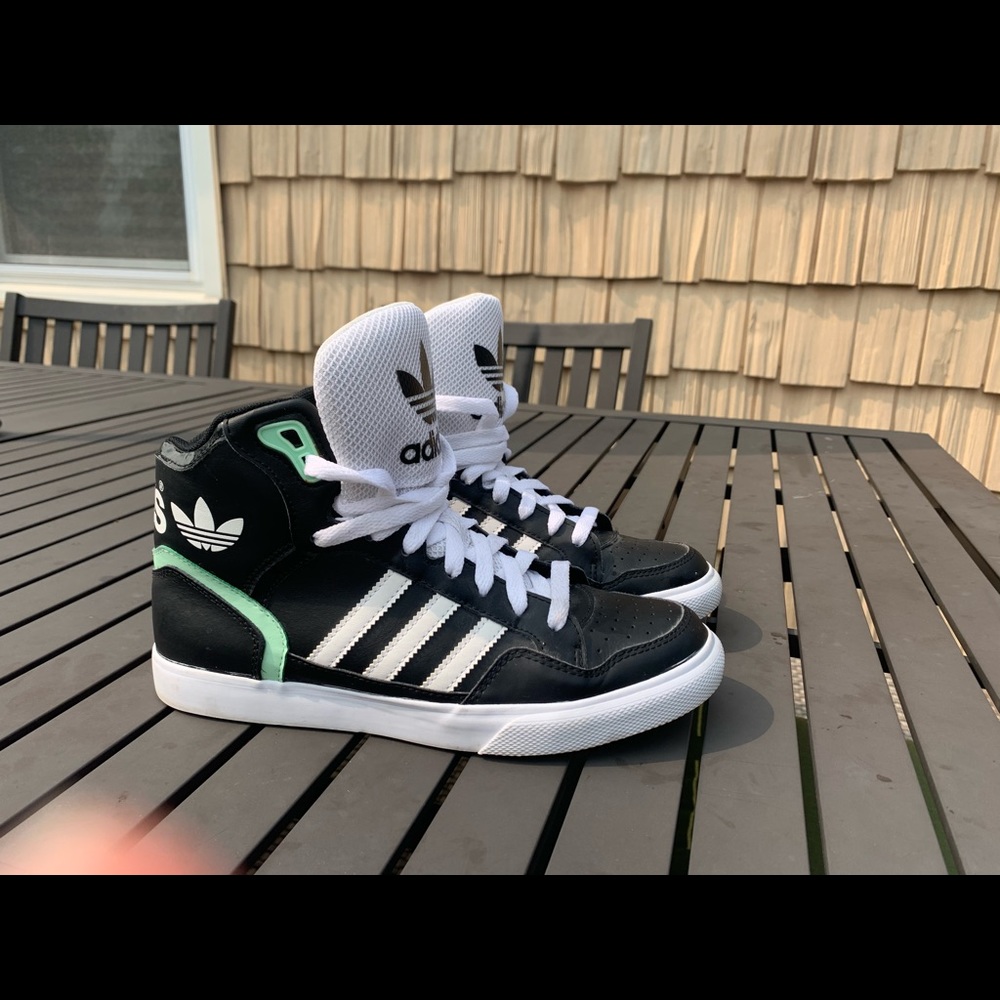 adidas black, mint green, & white high top court